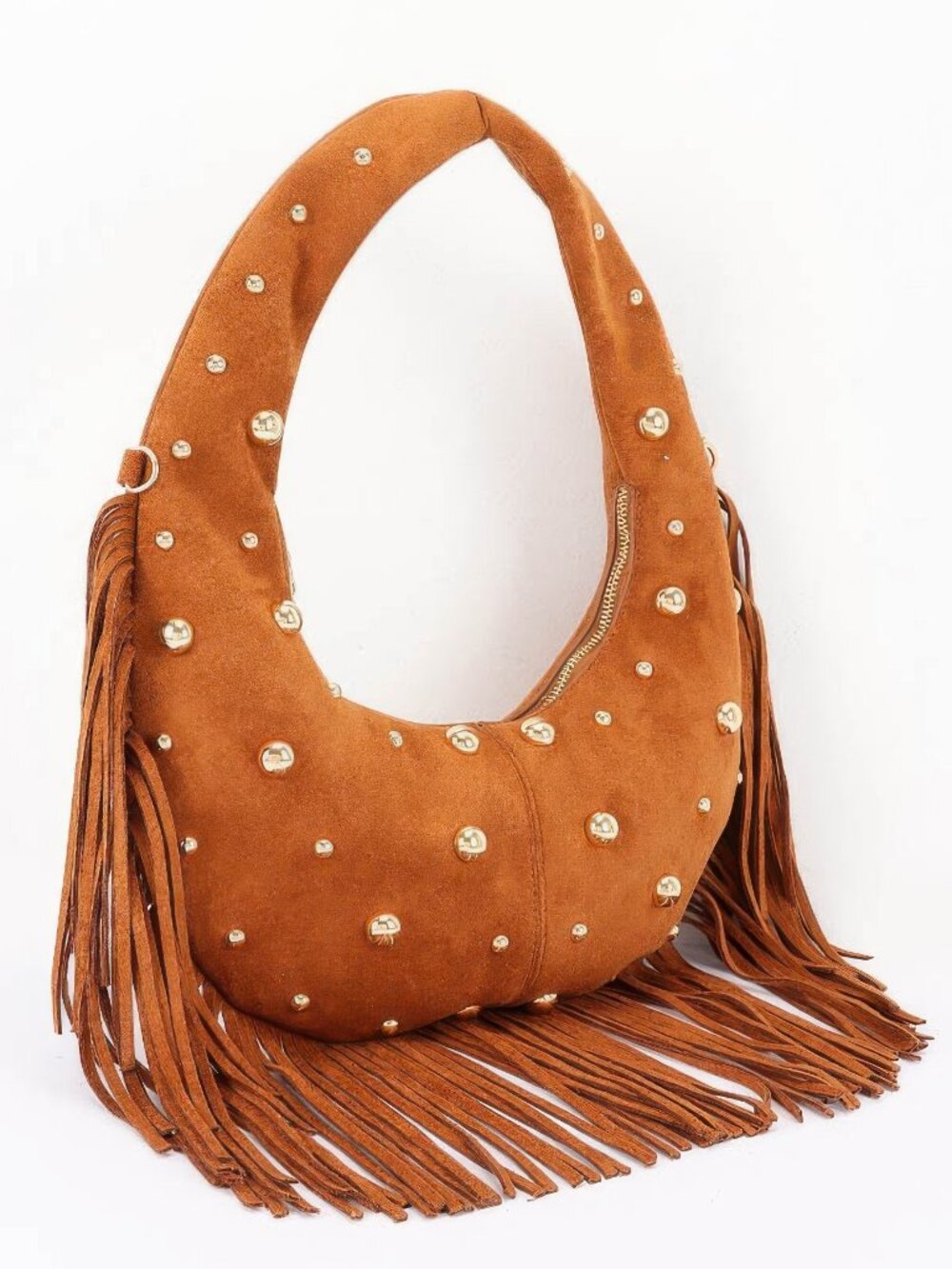 Metal Studded Fringe Hobo Bag Faux Suede